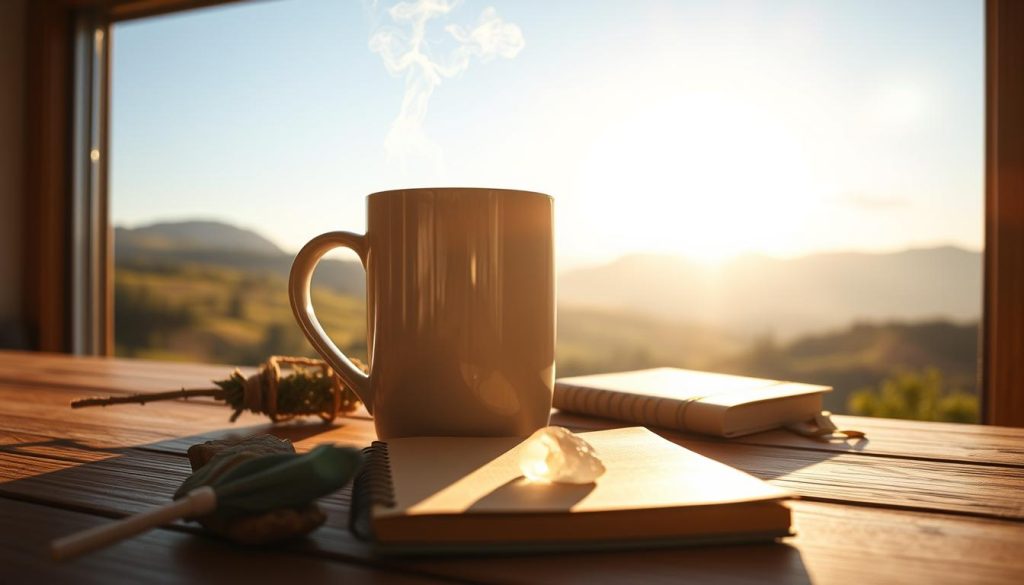 A serene morning scene, bathed in warm, golden light. On a wooden table, a steaming mug of herbal tea, surrounded by a selection of natural wellness items - a bundle of sage, a small crystal, and a mindfulness journal. In the background, a tranquil landscape of rolling hills and a clear, blue sky. The overall atmosphere exudes a sense of calm, inviting the viewer to pause, reflect, and start the day with a renewed sense of energy and balance.