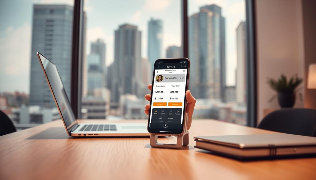 A serene office setting with a wooden desk, a laptop, and a smartphone displaying pricing and service offerings. The background features a cityscape with modern high-rise buildings, reflecting the urban Sancaktepe environment. The lighting is warm and natural, conveying a sense of professionalism and trustworthiness. The composition emphasizes the seamless integration of technology and service, hinting at the convenience and transparency of the massage service experience.