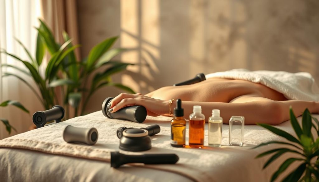 A serene post-workout massage studio, bathed in soft, warm lighting. On a padded massage table, an array of massage tools - kneading rollers, vibrating massagers, and soothing essential oils. The therapist's hands work diligently, targeting knotted muscle groups, easing tension and aiding recovery. Surrounding the scene, lush greenery and calming neutral tones create a tranquil, rejuvenating atmosphere. The composition showcases the importance of post-exercise massage, emphasizing its ability to alleviate muscle soreness and enhance athletic performance.