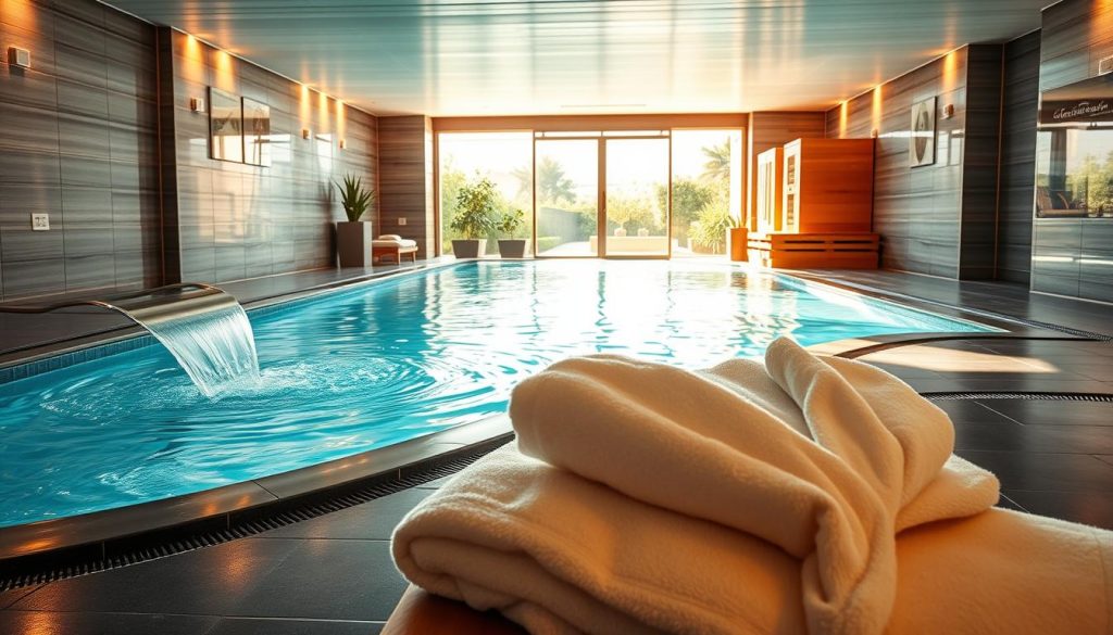 A serene spa oasis, with a sunlit sauna radiating warmth and relaxation. Sleek, modern tiles line the floors and walls, reflecting the soft glow of recessed lighting. A soothing water feature cascades into a heated pool, its gentle ripples inviting visitors to unwind. In the foreground, plush robes and towels beckon, while the background reveals a solarium filled with natural light, offering a tranquil space for rejuvenation. The atmosphere is one of pure indulgence, where the integration of beauty and wellness creates a harmonious, restorative experience.