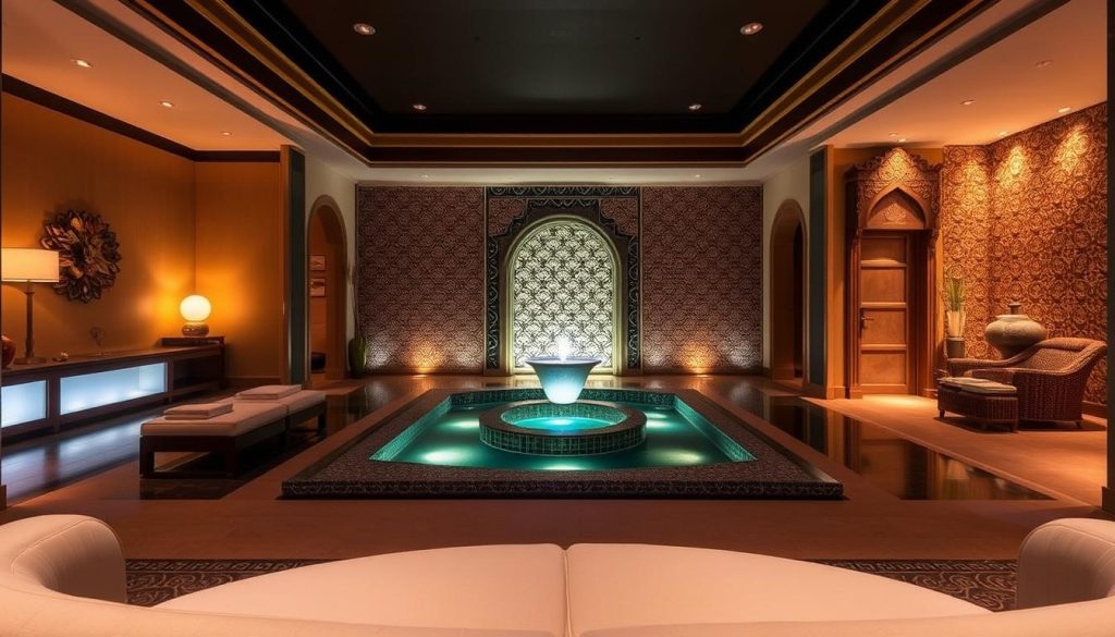 A serene, tranquil interior of the CHI spa at the Shangri-La Bosphorus hotel in Istanbul. The space is bathed in warm, ambient lighting, with a blend of Asian-inspired decor and traditional Turkish architectural elements. In the foreground, a luxurious, curved sofa invites visitors to sink in and relax. The middle ground features a central water feature, its gentle sounds calming the senses. The background showcases ornate, intricately patterned tiles and arched doorways, evoking the rich cultural heritage of the region. The overall atmosphere is one of profound relaxation and rejuvenation, perfect for an indulgent spa experience.