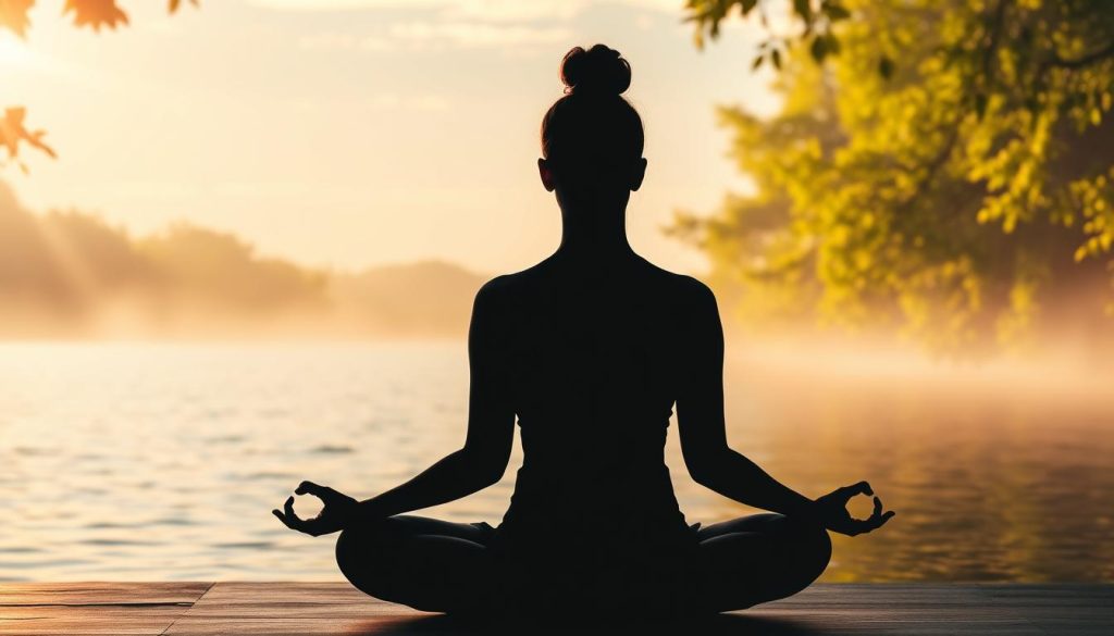 A serene, tranquil scene of a person in a meditative pose, surrounded by soft, glowing lighting and calming natural elements. The foreground features the person's silhouette in a lotus position, their breath visible as delicate wisps of mist. The middle ground showcases a tranquil, rippling body of water reflecting the muted colors of the sky. The background is filled with lush, verdant foliage and a warm, golden glow, creating a sense of peace and relaxation. The overall composition is balanced and harmonious, conveying the integration of breath, movement, and mindfulness. A serene, tranquil scene of a person in a meditative pose, surrounded by soft, glowing lighting and calming natural elements. The foreground features the person's silhouette in a lotus position, their breath visible as delicate wisps of mist. The middle ground showcases a tranquil, rippling body of water reflecting the muted colors of the sky. The background is filled with lush, verdant foliage and a warm, golden glow, creating a sense of peace and relaxation. The overall composition is balanced and harmonious, conveying the integration of breath, movement, and mindfulness.