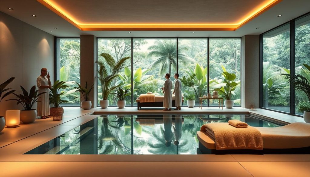 A serene wellness sanctuary with expert therapists guiding clients through personalized spa treatments. The foreground features a tranquil indoor pool surrounded by plush lounge chairs and potted plants, bathed in warm, diffused lighting. In the middle ground, a cozy treatment room with soft textures and calming aromatherapy diffusers. The background showcases a panoramic view of a lush, verdant garden oasis through expansive windows, creating a harmonious, restorative atmosphere. Crisp, high-quality rendering with a focus on natural, luxurious textures and soothing, muted color palettes. A serene wellness sanctuary with expert therapists guiding clients through personalized spa treatments. The foreground features a tranquil indoor pool surrounded by plush lounge chairs and potted plants, bathed in warm, diffused lighting. In the middle ground, a cozy treatment room with soft textures and calming aromatherapy diffusers. The background showcases a panoramic view of a lush, verdant garden oasis through expansive windows, creating a harmonious, restorative atmosphere. Crisp, high-quality rendering with a focus on natural, luxurious textures and soothing, muted color palettes.