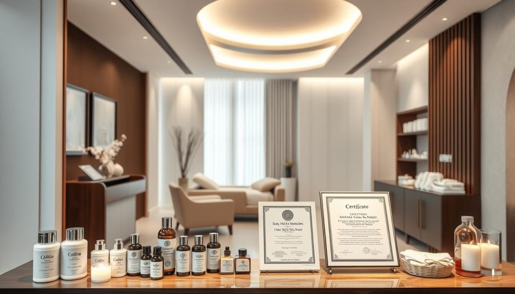 A sleek, clean-lined spa interior with a serene, minimalist aesthetic. The foreground features a display of various spa products and certificates, meticulously arranged to showcase their high-quality materials and safety standards. Soft, indirect lighting casts a warm, inviting glow, highlighting the attention to detail and commitment to professionalism. The middle ground showcases a serene, spa-like atmosphere, with a soothing color palette and elegant furnishings. The background emphasizes the importance of hygiene and sanitation, with a pristine, well-maintained environment that instills a sense of trust and confidence in the establishment's commitment to customer safety and well-being.