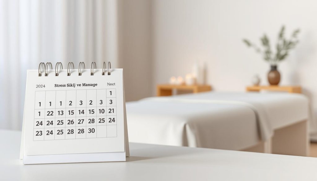 A tranquil, serene scene depicting the concept of "Seans Sıklığı ve Süresi". The foreground showcases a minimalist calendar, its pages turning gently, representing the weekly cadence of stress-relieving massage sessions. The middle ground features a calming massage table, its clean lines and soft, neutral tones evoking a sense of relaxation. In the background, a soft, diffused light bathes the scene, creating an atmosphere of rejuvenation and well-being. The overall composition emphasizes the importance of consistent, sustainable self-care practices to effectively manage stress and maintain a healthy lifestyle.
