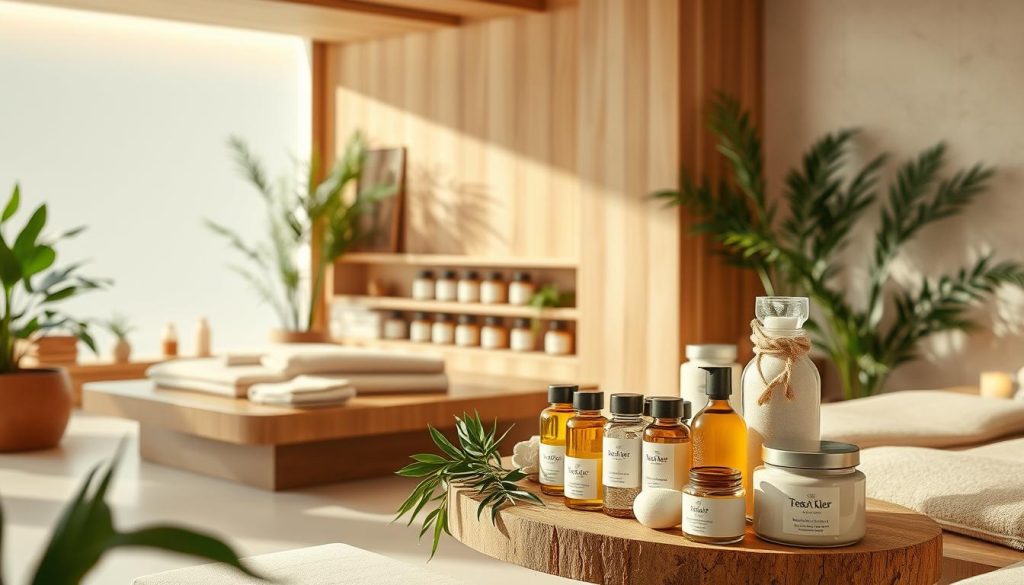 A tranquil spa setting with sleek, minimalist decor and an abundance of natural, organic products. Soft, diffused lighting illuminates a serene, earthy palette of warm woods, neutral tones, and lush greenery. Neatly arranged bottles and jars of handcrafted, botanical-based oils, lotions, and bath salts take center stage, hinting at the rejuvenating and restorative treatments available. A sense of purity, balance, and harmony permeates the space, inviting visitors to indulge in a holistic, wellness-focused experience.