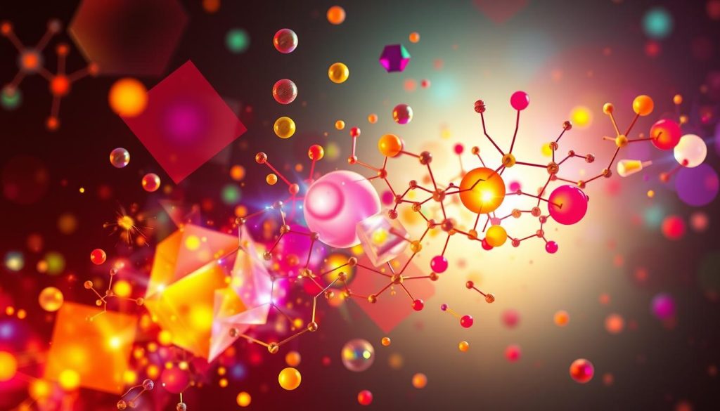 A vibrant abstract composition depicting the "happy chemicals" of the human body - dopamine, serotonin, and endorphins. A kaleidoscopic array of colorful geometric shapes and organic forms dance and intertwine, representing the intricate neurochemical interactions that govern our mood, pleasure, and well-being. Warm, luminous lighting casts a soothing, harmonious glow, evoking a sense of balance and inner calm. The overall composition conveys the holistic, synergistic nature of these key neurotransmitters, essential for maintaining a healthy, positive mental state. Rendered in a clean, minimalist style to allow the dynamic interplay of shape, color and light to take center stage.