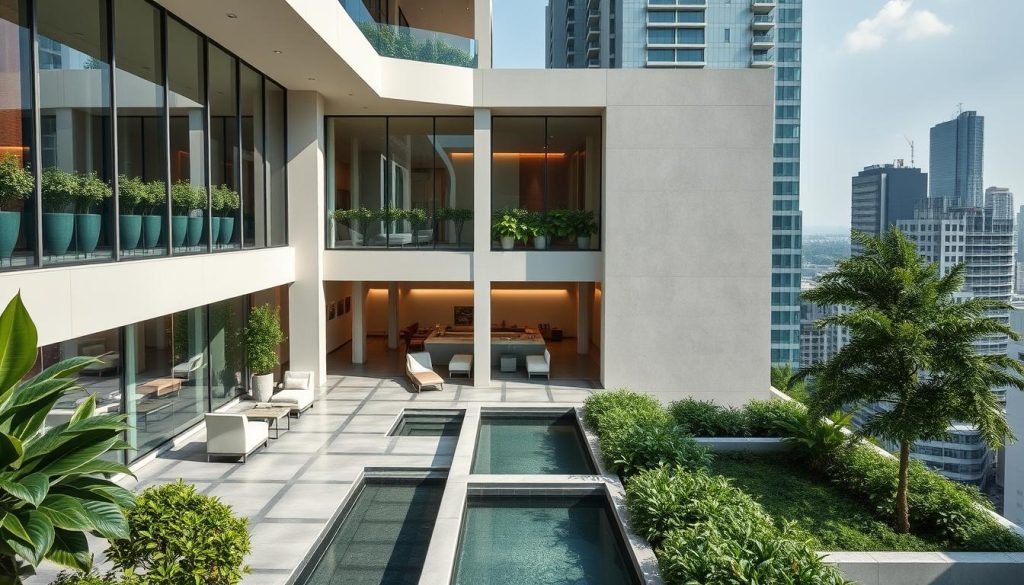 An elegant, minimalist urban spa wellness center nestled in the heart of the city. A serene oasis with sleek, contemporary architecture featuring floor-to-ceiling windows that flood the interior with natural light. Lush greenery and soothing water features create a tranquil atmosphere, while plush lounge areas and state-of-the-art treatment rooms invite guests to unwind and indulge. Muted color palettes of whites, grays, and natural wood tones evoke a sense of modern sophistication. The spa is captured from an elevated angle, showcasing its harmonious integration into the surrounding cityscape.