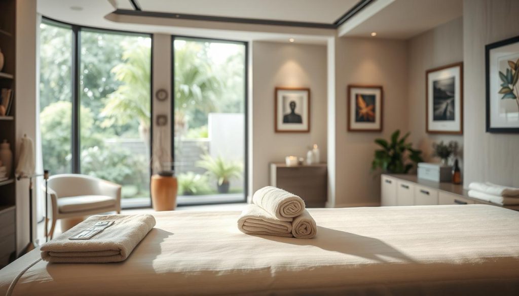 An interior scene of a modern and well-appointed massage therapy studio. The foreground features a neatly arranged massage table with plush linens and a stack of fluffy towels. Soft, indirect lighting bathes the space, creating a calming ambiance. In the middle ground, the walls are adorned with tasteful artworks and subtle, high-quality furnishings that convey a sense of professionalism and attention to detail. The background showcases large windows overlooking a lush, serene garden, allowing natural light to filter in and enhancing the tranquil atmosphere. The overall scene exudes a harmonious blend of relaxation, cleanliness, and personalized care, reflecting the expertise and standards of the establishment.