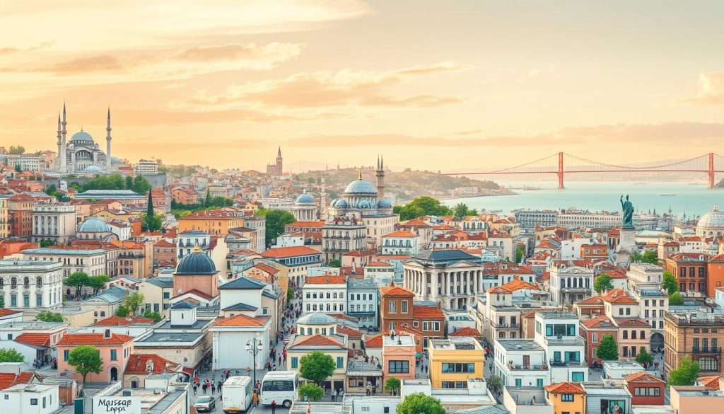 A bustling city map, showcasing the vibrant heart of Istanbul. The foreground depicts a detailed illustration of the city's streets, bustling with the lively energy of massage therapists making their rounds, offering respite and restoration to the weary. The middle ground features prominent landmarks, such as the iconic Hagia Sophia and the serene Bosphorus Strait, framing the scene. In the background, a warm, golden-hued sky casts a cozy glow, evoking a sense of tranquility amidst the urban hustle. The overall composition conveys the idea of Istanbul's pulse, where the ancient and the modern coexist, and the art of massage serves as a conduit for physical and spiritual healing.