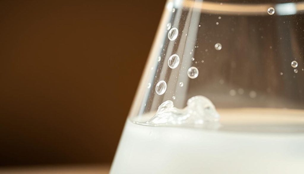 A close-up view of a clear, viscous liquid in a glass beaker, with small bubbles rising to the surface. The lighting is soft and diffused, casting a warm, natural glow on the scene. The background is blurred, allowing the lactic acid in the foreground to be the focal point. The image has a scientific, laboratory-like atmosphere, conveying the idea of a natural substance being studied or analyzed. The angle is slightly tilted, adding a sense of dynamism and movement to the otherwise static composition. A close-up view of a clear, viscous liquid in a glass beaker, with small bubbles rising to the surface. The lighting is soft and diffused, casting a warm, natural glow on the scene. The background is blurred, allowing the lactic acid in the foreground to be the focal point. The image has a scientific, laboratory-like atmosphere, conveying the idea of a natural substance being studied or analyzed. The angle is slightly tilted, adding a sense of dynamism and movement to the otherwise static composition.