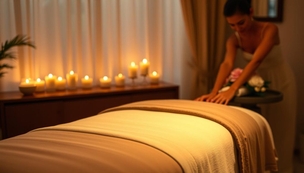 A cozy and serene in-home massage session, with soft candlelight illuminating the tranquil space. A plush massage table takes center stage, draped in luxurious linens. In the background, a collection of soothing aromatherapy candles and a bowl of freshly cut flowers create a calming ambiance. The scene evokes a sense of private indulgence, where the rhythm of the therapist's touch melts away stress and tension, leaving the recipient in a state of blissful relaxation. A cozy and serene in-home massage session, with soft candlelight illuminating the tranquil space. A plush massage table takes center stage, draped in luxurious linens. In the background, a collection of soothing aromatherapy candles and a bowl of freshly cut flowers create a calming ambiance. The scene evokes a sense of private indulgence, where the rhythm of the therapist's touch melts away stress and tension, leaving the recipient in a state of blissful relaxation.