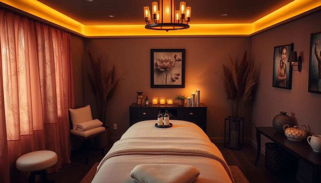 A cozy, dimly lit room with warm lighting, soft textures, and soothing aromatherapy. A luxurious massage table with plush linens and high-quality massage oils sits in the center, inviting the viewer to experience a personalized, rejuvenating massage session. The atmosphere exudes tranquility and relaxation, with a focus on creating a personalized, tailored experience for the individual. The camera angle is slightly elevated, capturing the serene, inviting ambiance of the boutique massage setting.