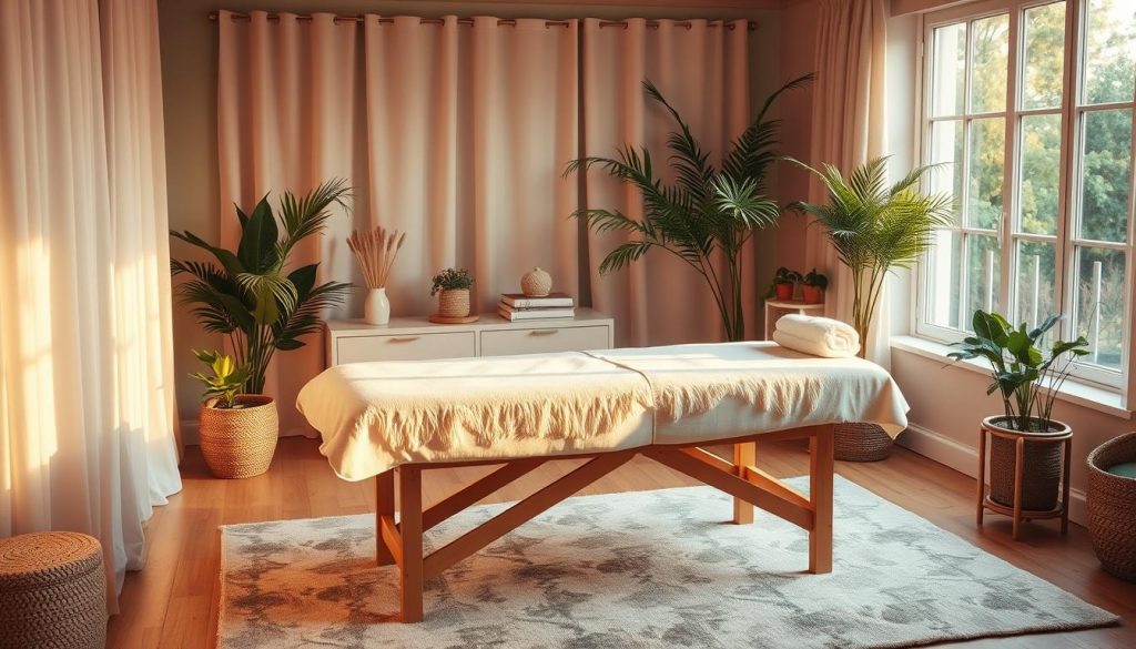 A cozy home interior with a massage table in the center, bathed in warm, soft lighting. The scene evokes a sense of relaxation and tranquility, with plush textiles, potted plants, and subtle decorative elements creating a serene ambiance. The table is positioned near a large window, allowing natural light to filter in and create a peaceful, inviting atmosphere. The composition emphasizes the serene and intimate nature of the at-home massage experience, with a focus on the massage table as the central element.