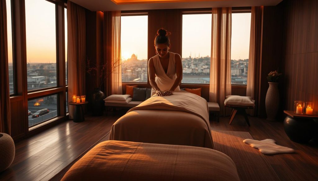 A cozy, intimate scene of a luxurious private massage suite in Istanbul. Warm lighting bathes the space, creating a soothing, tranquil atmosphere. Elegant, minimalist decor with natural elements like wood and stone. A plush massage table takes center stage, surrounded by soft furnishings and incense. Subtle aromas of essential oils fill the air, inviting relaxation. The room is framed by large windows overlooking the city skyline, providing a sense of serene isolation. A skilled masseuse's hands gently knead and soothe, guiding the recipient into a state of profound relaxation and rejuvenation.