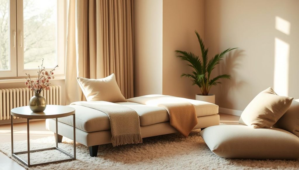 A cozy, inviting living room scene with a comfortable chaise lounge positioned near a large window, bathed in warm, natural light. Soft, muted tones of beige, cream, and sage green create a serene, relaxing atmosphere. A sleek, modern side table holds a delicate vase of fresh flowers, adding a touch of elegance. The room is adorned with plush, textured throw pillows and a plush area rug, inviting the viewer to sink in and unwind. The lighting is soft and diffused, emanating a sense of tranquility and comfort, as if the space were designed for a blissful in-home massage experience.