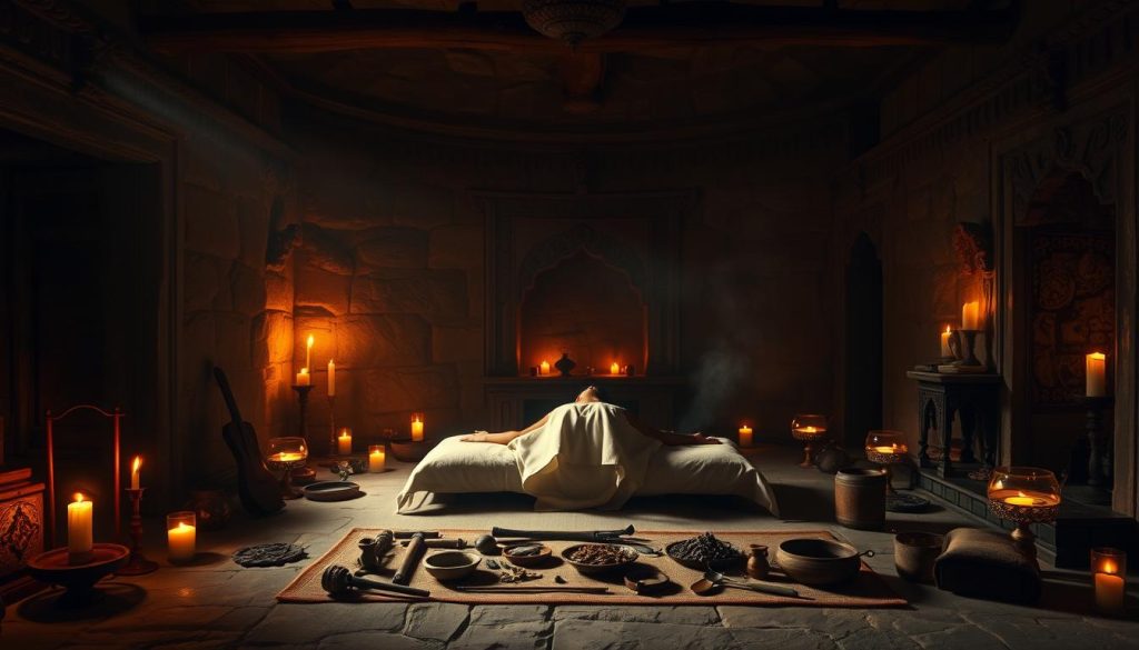A dimly lit, ancient-looking chamber with stone walls and intricate carvings. Warm, flickering candlelight illuminates the space, casting soft shadows. In the center, a person lies on a low table, surrounded by a variety of traditional massage tools and instruments. Fragrant herbs and incense fill the air, creating a serene, meditative atmosphere. The scene evokes the origins and rituals of the ancient practice of massage, hinting at its deep historical roots and spiritual significance.