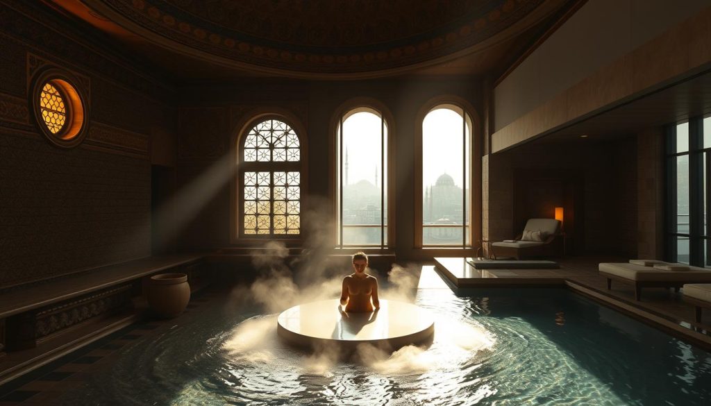 A dimly lit, cavernous Ottoman-style hamam with intricate tile mosaics and a central heated marble plinth. Shafts of warm sunlight filter through ornate windows, casting a mystical glow. In the foreground, plumes of aromatic steam billow around a solitary figure relaxing on the plinth. In the middle ground, a luxurious, minimalist hotel spa with contemporary stone and wood furnishings. Soft ambient lighting, clean lines, and a tranquil indoor pool reflect the modern wellbeing experience. The background blends the historic and the modern, with the silhouette of a historic Istanbul skyline visible through tall windows. A dimly lit, cavernous Ottoman-style hamam with intricate tile mosaics and a central heated marble plinth. Shafts of warm sunlight filter through ornate windows, casting a mystical glow. In the foreground, plumes of aromatic steam billow around a solitary figure relaxing on the plinth. In the middle ground, a luxurious, minimalist hotel spa with contemporary stone and wood furnishings. Soft ambient lighting, clean lines, and a tranquil indoor pool reflect the modern wellbeing experience. The background blends the historic and the modern, with the silhouette of a historic Istanbul skyline visible through tall windows.