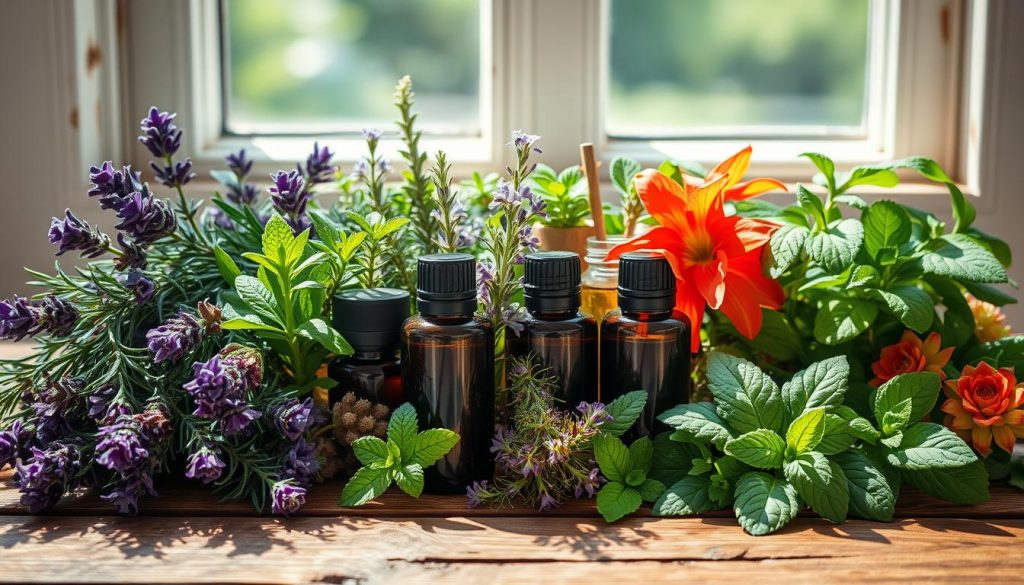 A lush, serene arrangement of various essential oils and aromatic herbs, expertly displayed on a rustic wooden surface. Vibrant hues of lavender, rosemary, eucalyptus, and peppermint come together in a visually captivating display. Soft natural lighting from a window casts gentle shadows, highlighting the textures and the delicate nuances of the organic materials. The scene evokes a sense of tranquility and the therapeutic benefits of aromatherapy, perfectly suited to illustrate the topic of popular essential oils and their advantages. A lush, serene arrangement of various essential oils and aromatic herbs, expertly displayed on a rustic wooden surface. Vibrant hues of lavender, rosemary, eucalyptus, and peppermint come together in a visually captivating display. Soft natural lighting from a window casts gentle shadows, highlighting the textures and the delicate nuances of the organic materials. The scene evokes a sense of tranquility and the therapeutic benefits of aromatherapy, perfectly suited to illustrate the topic of popular essential oils and their advantages.