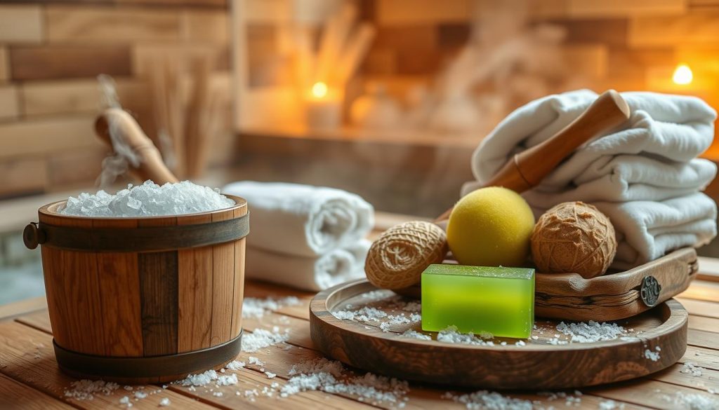 A luxurious Turkish bath scene, showcasing a stack of handmade natural sponges, soft white towels, and a vibrant green olive oil-based soap. The foreground features a steaming wooden bucket filled with a fragrant foaming blend of olive oil, herbs, and exfoliating salts. In the middle ground, a rustic wooden tray displays an assortment of massage tools, including a traditional kese mitt and a natural sea sponge. The background captures the serene atmosphere of a traditional Turkish hammam, with warm lighting, mist, and hints of decorative mosaic tiles. The overall composition evokes a sense of rejuvenation, wellness, and the timeless traditions of self-care. A luxurious Turkish bath scene, showcasing a stack of handmade natural sponges, soft white towels, and a vibrant green olive oil-based soap. The foreground features a steaming wooden bucket filled with a fragrant foaming blend of olive oil, herbs, and exfoliating salts. In the middle ground, a rustic wooden tray displays an assortment of massage tools, including a traditional kese mitt and a natural sea sponge. The background captures the serene atmosphere of a traditional Turkish hammam, with warm lighting, mist, and hints of decorative mosaic tiles. The overall composition evokes a sense of rejuvenation, wellness, and the timeless traditions of self-care.