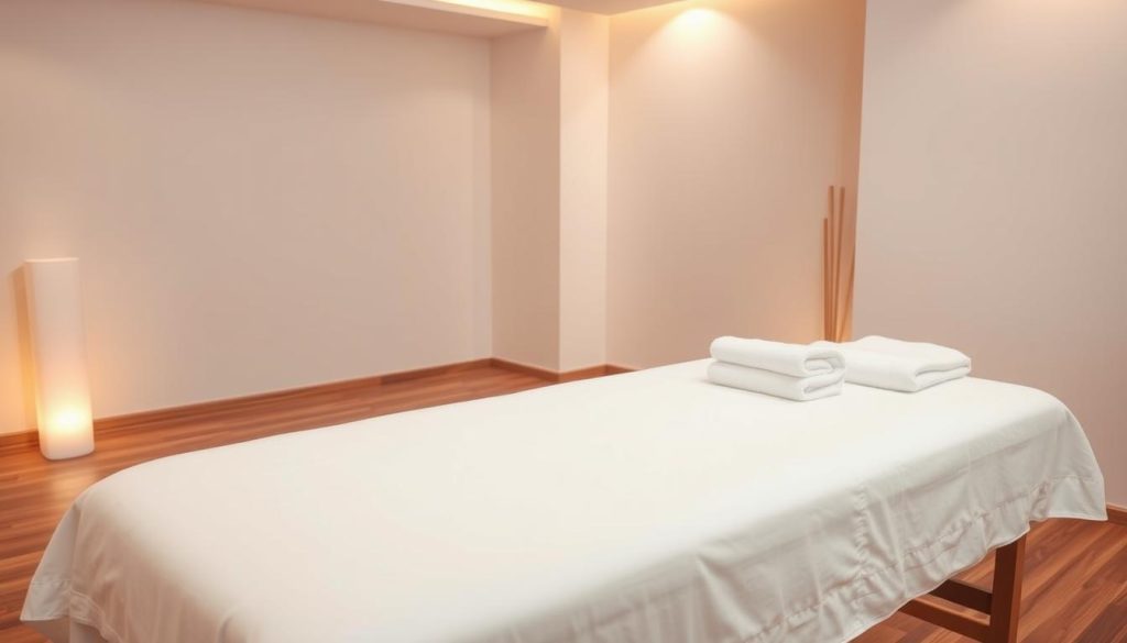 A meticulously clean and well-lit massage therapy room, with a polished wooden floor and minimalist decor. The room is bathed in warm, diffused lighting, creating a serene and tranquil atmosphere. On a neatly made massage table, pristine white linens and freshly washed towels are carefully arranged, conveying a sense of hygiene and attention to detail. The space radiates a calming, spa-like ambiance, reflecting the importance of cleanliness and professionalism in the wellness industry.
