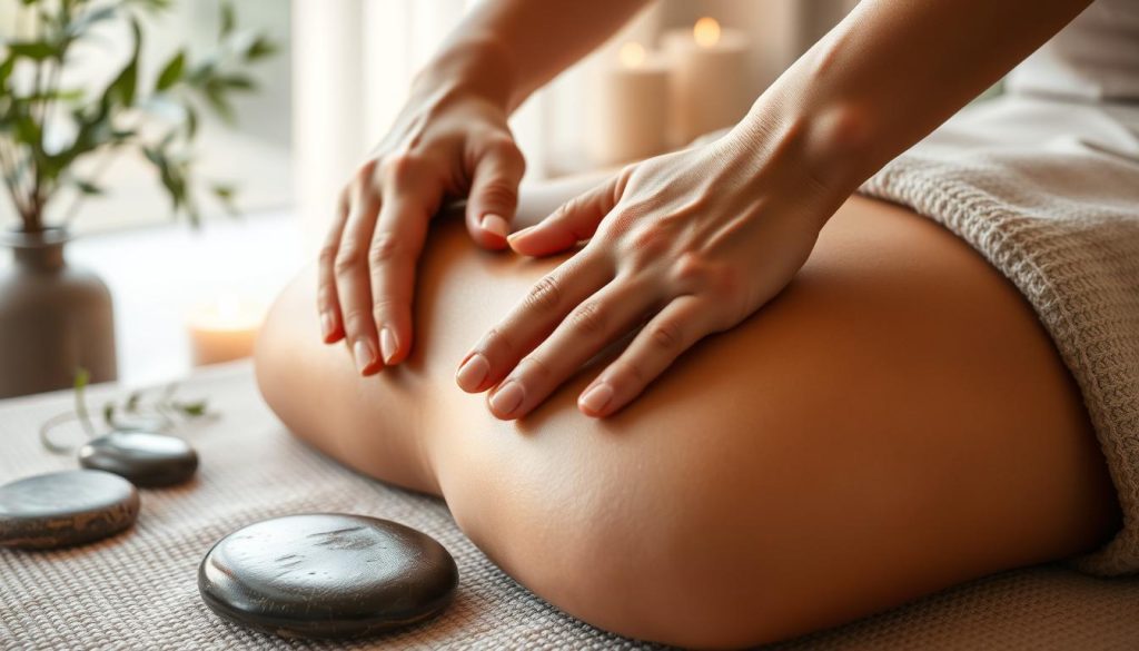 A peaceful and tranquil massage session, with soft lighting and a serene atmosphere. In the foreground, skilled hands gently knead and manipulate the muscles, using long, soothing strokes. The middle ground showcases a serene, minimalist environment, with natural elements like plants and smooth river stones, creating a calming ambiance. The background features a blurred, out-of-focus view, allowing the focus to remain on the massage technique. The overall mood is one of relaxation, rejuvenation, and release of daily tension, perfectly capturing the essence of the "derin doku masajı" and its benefits.