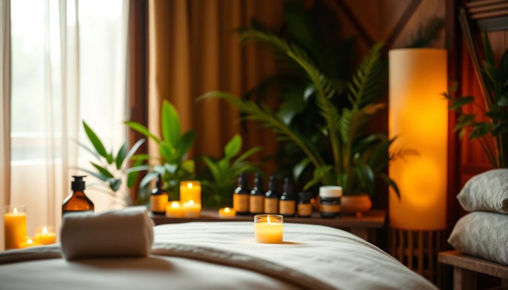 A peaceful, dimly lit room with warm, soft lighting casting a cozy glow. In the foreground, a luxurious massage table with crisp white linens, surrounded by candles flickering gently. In the middle ground, various massage oils and natural skincare products are artfully arranged, their labels obscured. The background features lush, verdant plants and natural wood accents, creating a serene, spa-like atmosphere. The overall mood is one of tranquility, relaxation, and rejuvenation, perfectly capturing the essence of a boutique massage experience.