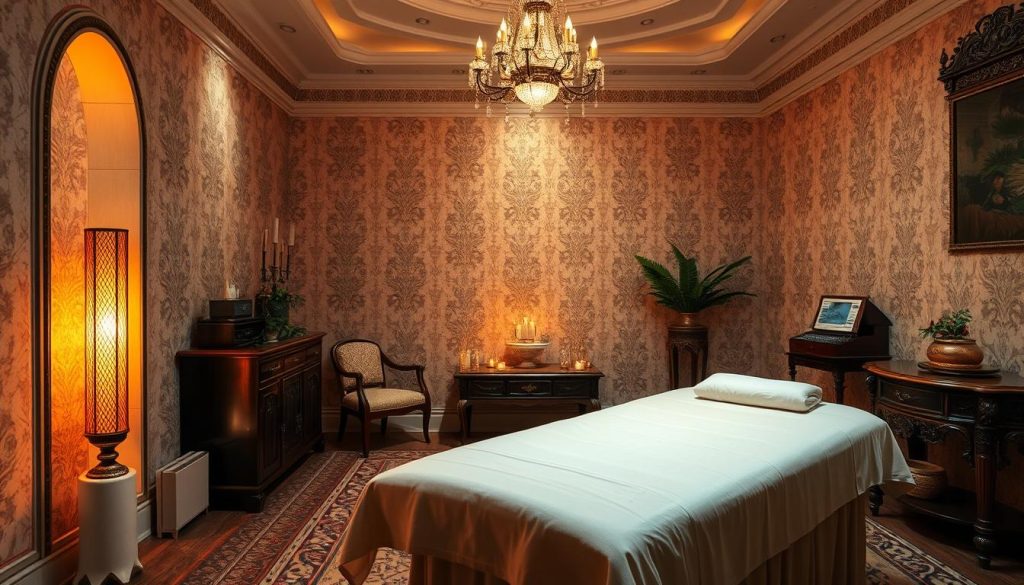 A peaceful, tranquil scene of a traditional Turkish massage parlor. The interior is bathed in warm, soft lighting, creating a soothing and inviting atmosphere. Delicate patterns and textures adorn the walls, evoking a sense of timeless elegance. In the foreground, a massage table stands ready, draped in luxurious fabrics. Ornate, carved wooden furniture and decorative elements add to the authentic, Turkish ambiance. The overall composition conveys a harmonious balance between the physical and the spiritual, reflecting the holistic nature of the massage experience.