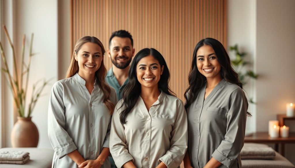 A portrait of a team of massage therapists in a serene, luxurious setting. The foreground features three diverse, professionally-dressed therapists with warm, welcoming expressions, standing in a high-end spa or studio environment. The middle ground showcases soothing, minimalist decor elements like bamboo, candles, and soft lighting, evoking a sense of relaxation. The background subtly blurs to suggest a tranquil, private atmosphere. The overall mood is one of expertise, professionalism, and personalized care.