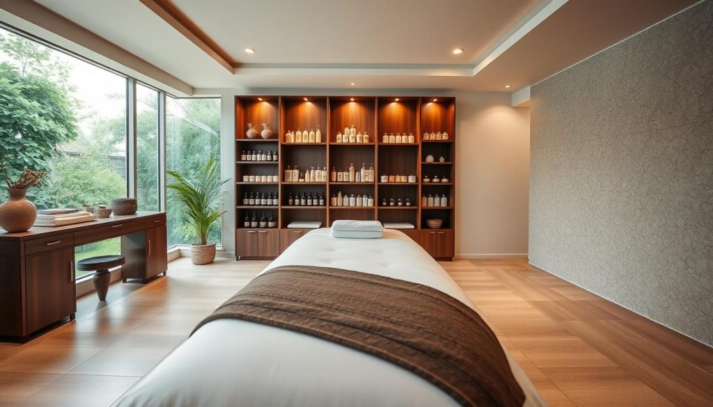 A professional, serene massage studio with soft lighting and soothing color palettes. Elegant, modern decor with natural materials like wood and stone. In the foreground, a well-equipped massage table with pristine linens. In the middle ground, display shelves showcase an assortment of massage oils, lotions, and aromatherapy candles. The background features a large window overlooking a tranquil garden, allowing natural light to filter in. The overall atmosphere conveys a sense of relaxation, expertise, and care - reflecting the skill and dedication of the trained massage therapists.