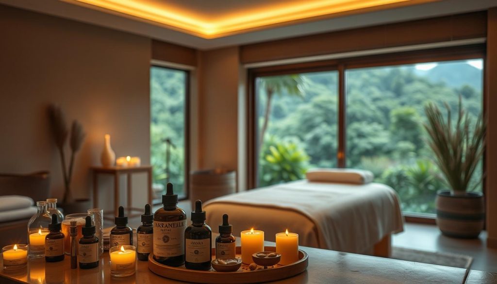 A serene and calming scene of a luxury spa setting, featuring a dimly lit room with soft, warm lighting and natural, earthy tones. In the foreground, an array of essential oils, candles, and other aromatherapy accoutrements are artfully arranged, conveying a sense of tranquility and wellness. The middle ground showcases a massage table draped in plush linens, inviting the viewer to imagine the restorative experience of a soothing massage. The background depicts a lush, verdant landscape visible through large windows, creating a harmonious connection between the indoor and outdoor spaces. The overall atmosphere exudes a sense of rejuvenation, balance, and natural healing.
