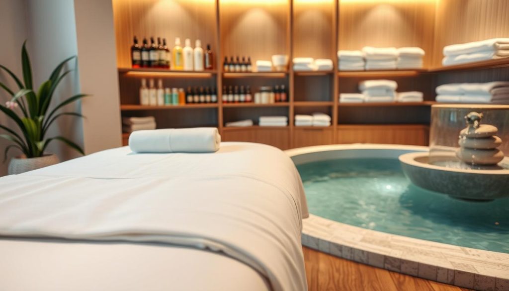 A serene and inviting massage parlor interior, softly lit with warm lighting. In the foreground, a pristine white massage table with crisp linens and a plush cushion, exuding cleanliness and comfort. The middle ground showcases a calming water feature, its soothing sounds and gentle movement creating an atmosphere of tranquility. In the background, shelves display an array of high-quality massage oils and lotions, alongside neatly stacked towels, all conveying a sense of professionalism and attention to hygiene. The overall scene evokes a retreat from the bustling city, a space where relaxation, trust, and expertise come together for a rejuvenating massage experience.