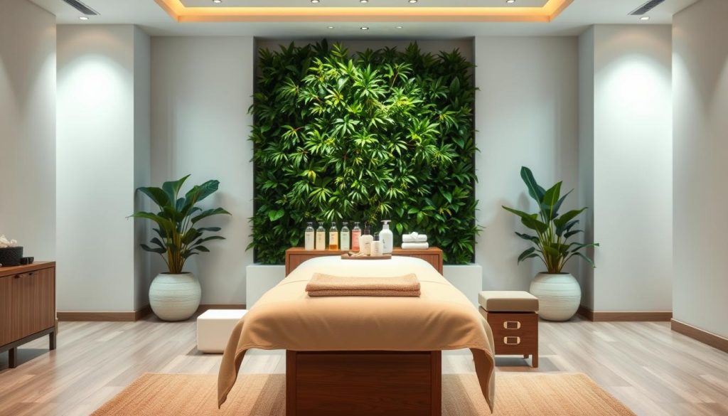 A serene and inviting spa-like interior, with soft lighting and a calming color palette. A sleek, modern massage table takes center stage, surrounded by neatly arranged massage oils, lotions, and tools. The background features a lush, verdant indoor plant arrangement, conveying a sense of natural tranquility. The overall atmosphere exudes a balance of professionalism and personalized care, setting the stage for a tailored wellness experience.