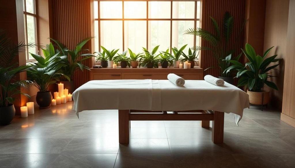 A serene and inviting spa setting with an elegant, minimalist design. A beautifully crafted wooden massage table sits in the center, surrounded by lush greenery and soft natural lighting. Calming candles flicker, creating a tranquil ambiance. The space exudes a sense of relaxation and rejuvenation, inviting the viewer to indulge in a restorative massage experience. The overall composition is visually balanced, with a focus on the massage table as the central element. The image should convey the essence of a high-quality, modern spa environment that aligns with the article's subject and section title. A serene and inviting spa setting with an elegant, minimalist design. A beautifully crafted wooden massage table sits in the center, surrounded by lush greenery and soft natural lighting. Calming candles flicker, creating a tranquil ambiance. The space exudes a sense of relaxation and rejuvenation, inviting the viewer to indulge in a restorative massage experience. The overall composition is visually balanced, with a focus on the massage table as the central element. The image should convey the essence of a high-quality, modern spa environment that aligns with the article's subject and section title.