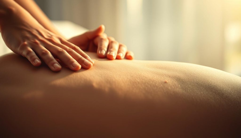 A serene and tranquil scene depicting rhythmic touch that enhances sleep quality. A pair of hands gently caressing the back of a person resting peacefully, creating a calming and therapeutic atmosphere. The lighting is soft and diffused, casting a warm, soothing glow. The focus is on the hands and the area of contact, with a blurred, dreamlike background to emphasize the sensations of the touch. The overall mood is one of relaxation, rejuvenation, and a sense of well-being, capturing the essence of the section title "Masaj ile Yorgunluk ve Bitkinlikten Kurtulmanın 7 Etkili Yolu".