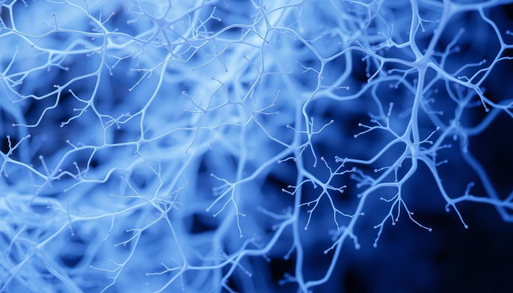 A serene, close-up visual exploration of the intricate network of nerves and synapses that form the conduit for the electric impulses of touch. Delicate, branching tendrils of pale blue and violet hues intertwine in a mesmerizing dance, pulsing with the rhythm of the body's inner symphony. The composition emphasizes the intricate, almost fractal-like complexity of this biological wiring, captured in a soft, diffused lighting that imbues the scene with a sense of tranquility and wonder. The image conveys the poetry and beauty underlying the fundamental physiological processes that underpin the restorative power of human touch.