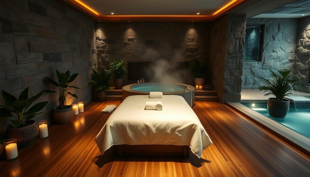 A serene, dimly lit spa interior with natural stone walls and polished wooden floors. In the center, a luxurious massage table draped in soft, plush linens. Soft, warm lighting casts a peaceful ambiance, with candles flickering and steam rising from a nearby hot tub. Lush greenery and potted plants add a sense of tranquility, while the room is filled with the soothing scent of essential oils. In the background, glimpses of a private wet area, with a gently cascading waterfall and a tranquil pool. The overall atmosphere evokes a deeply personalized, restorative spa experience.