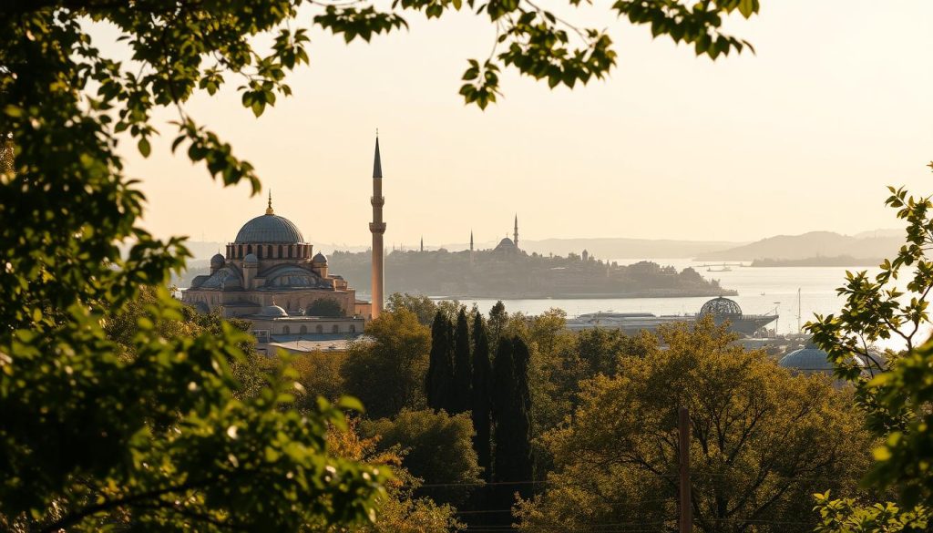 A serene, ethereal scene of a tranquil Istanbul cityscape. Majestic domes and minarets punctuate the skyline, bathed in warm, golden light. Lush greenery frames the view, casting soft, dappled shadows. The Bosphorus shimmers in the distance, its waters reflecting the city's timeless beauty. A sense of contemplative calm pervades the scene, inviting the viewer to pause and immerse themselves in the city's timeless allure. The composition is balanced, with a harmonious interplay of architectural elements and natural forms. The overall mood is one of quiet introspection, capturing the essence of Istanbul's meditative spirit. A serene, ethereal scene of a tranquil Istanbul cityscape. Majestic domes and minarets punctuate the skyline, bathed in warm, golden light. Lush greenery frames the view, casting soft, dappled shadows. The Bosphorus shimmers in the distance, its waters reflecting the city's timeless beauty. A sense of contemplative calm pervades the scene, inviting the viewer to pause and immerse themselves in the city's timeless allure. The composition is balanced, with a harmonious interplay of architectural elements and natural forms. The overall mood is one of quiet introspection, capturing the essence of Istanbul's meditative spirit.