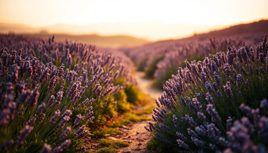 A serene, intimate landscape of a lavender field, bathed in warm, golden light. The delicate purple flowers sway gently in a soft breeze, their calming scent permeating the air. In the foreground, a winding path leads the viewer deeper into the tranquil scene, inviting exploration. The middle ground is filled with lush, verdant foliage, creating a sense of depth and texture. In the background, a hazy, indistinct horizon line blends the earth and sky, evoking a peaceful, contemplative atmosphere. The overall composition is balanced and harmonious, conveying a profound sense of relaxation and well-being.