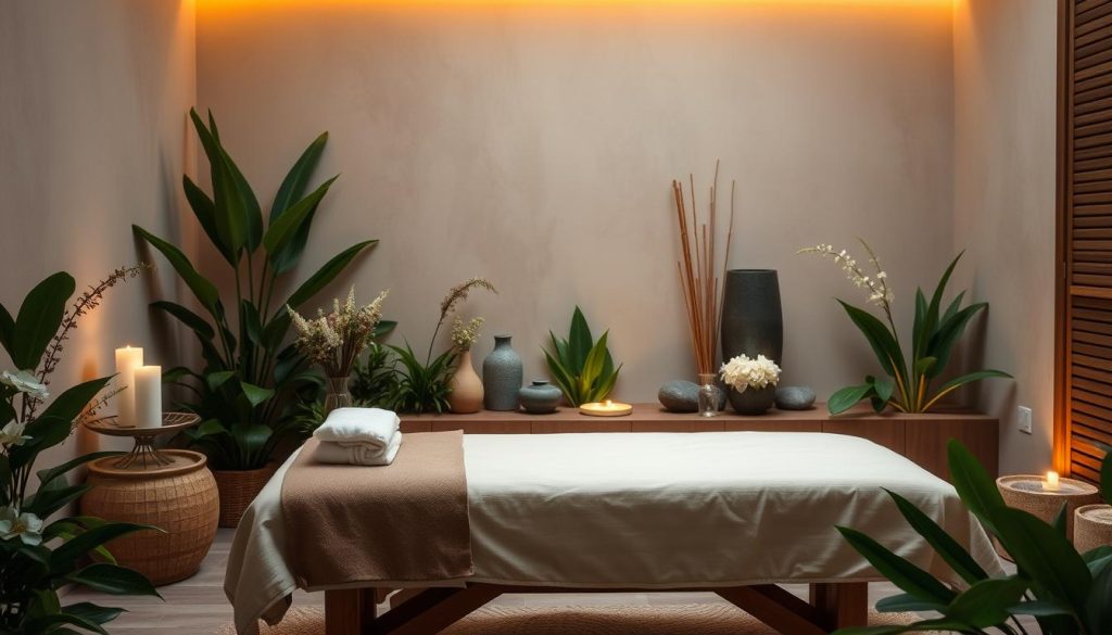 A serene, intimate spa-like setting showcases a plush, inviting massage table surrounded by lush greenery and subtle mood lighting. Soft, natural textures like plush linens, wooden accents, and polished river stones create a calming ambiance. Delicate floral arrangements and a tranquil water feature add to the atmosphere of personalized relaxation. The composition emphasizes the massage table as the focal point, inviting the viewer to imagine the experience of a tailored, boutique massage session. The overall scene exudes an air of understated luxury and bespoke pampering.