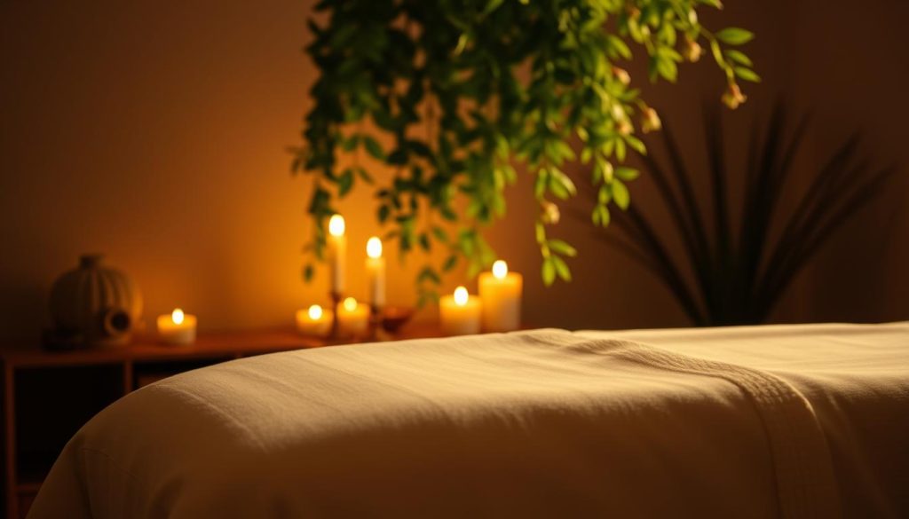 A serene massage session in a dimly lit, cozy studio. Soft, warm lighting bathes the scene, creating an atmosphere of tranquility and relaxation. In the foreground, a plush massage table is adorned with crisp, white linens, inviting the viewer to imagine the soothing touch of skilled hands. Delicate, aromatic candles flicker, their gentle glow accentuating the peaceful ambiance. In the background, a lush, verdant plant cascades over the scene, adding a touch of natural beauty. The overall composition evokes a sense of deep calm and restorative harmony, reflecting the scientific benefits of massage - a journey from tense muscles to a serene, rejuvenated spirit.