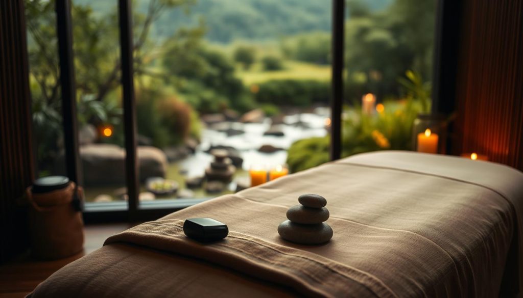 A serene massage therapy setting with a dimly lit, cozy ambiance. The foreground features a massage table draped in soft, earthy-toned linens, with a selection of essential oils, candles, and smooth river stones arranged neatly. The middle ground showcases a tranquil, natural landscape with lush greenery and a hint of a flowing stream. The background is illuminated by warm, diffused lighting, creating a sense of depth and a calming, meditative atmosphere. The overall composition conveys a deep, restorative experience of "derin doku" (deep tissue) massage therapy.