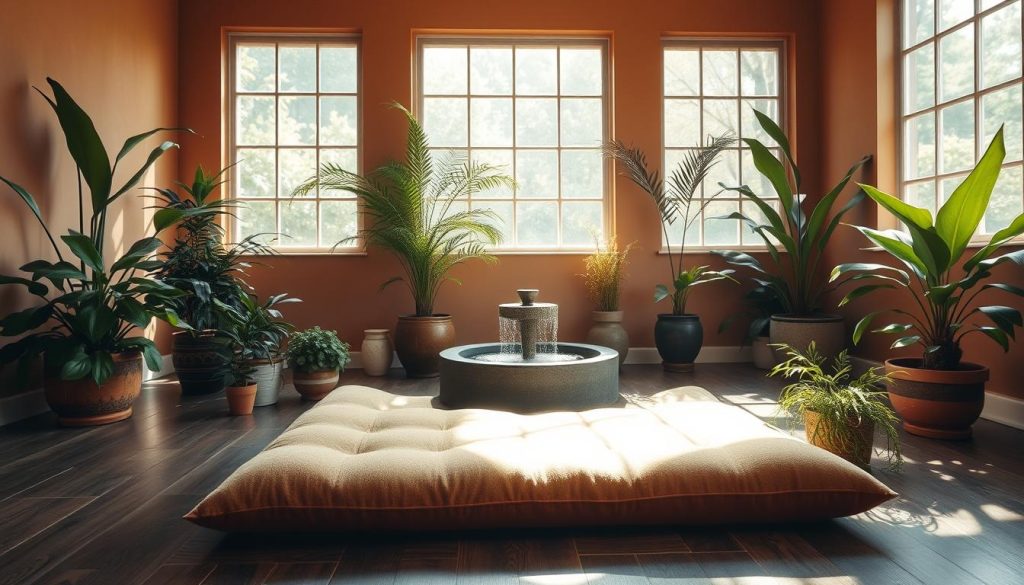 A serene meditation room with soft, natural lighting cascading through large windows, illuminating a plush meditation cushion on the floor surrounded by lush potted plants and a calming water fountain. The walls are a warm, earthy tone, creating a tranquil ambiance. The room exudes a sense of harmony and inner peace, inviting one to pause, breathe deeply, and find stillness.