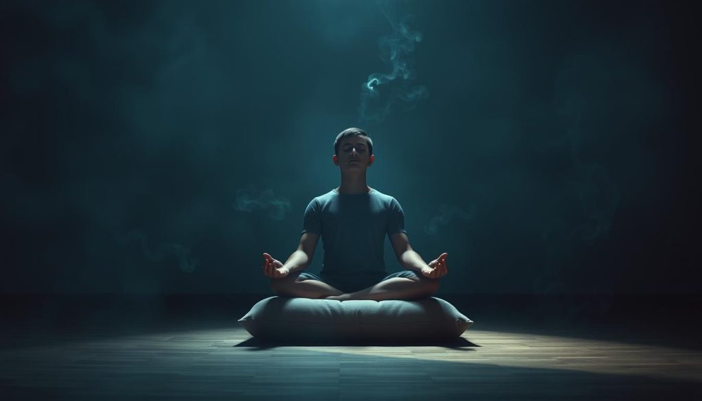A serene, meditative scene depicting a nefes mantra meditation practice. The frame captures a tranquil, dimly lit room with soft, diffused lighting. In the center, a person sits cross-legged on a plush cushion, their eyes closed in deep concentration. Billowing incense smoke curls around them, adding to the calming atmosphere. The background features subtle, abstract textures in muted tones of blue and green, evoking a sense of peaceful introspection. The overall composition conveys a sense of balance, harmony, and inner stillness, inviting the viewer to enter a state of relaxation and mental clarity.