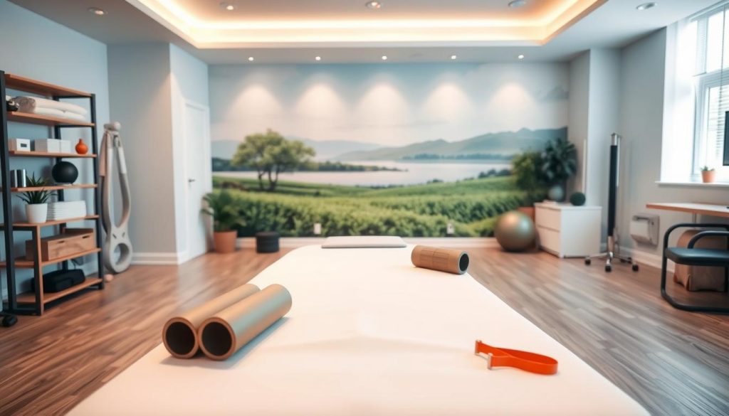 A serene physical therapy clinic, with a warm, inviting atmosphere. The foreground features a sleek, modern examination table, crisp white sheets, and a variety of therapeutic tools - massage rollers, resistance bands, and exercise balls. In the middle ground, a soothing wall mural depicts a tranquil nature scene, complemented by soft, indirect lighting. The background showcases a clean, well-organized workspace, with a minimalist design and ergonomic furniture, all contributing to a professional, yet calming environment for the patient's postural rehabilitation journey. A serene physical therapy clinic, with a warm, inviting atmosphere. The foreground features a sleek, modern examination table, crisp white sheets, and a variety of therapeutic tools - massage rollers, resistance bands, and exercise balls. In the middle ground, a soothing wall mural depicts a tranquil nature scene, complemented by soft, indirect lighting. The background showcases a clean, well-organized workspace, with a minimalist design and ergonomic furniture, all contributing to a professional, yet calming environment for the patient's postural rehabilitation journey.