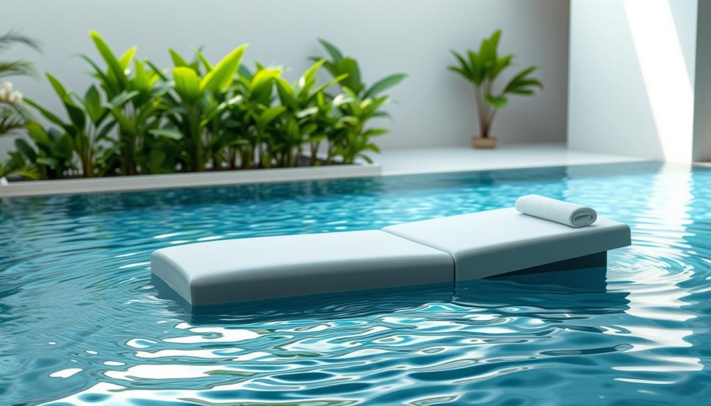 A serene spa-like scene with a tranquil, rippling pool of water. Soft lighting from above casts a gentle glow, creating a calming atmosphere. In the foreground, a sleek, modern massage table sits partially submerged in the water, inviting the viewer to experience a soothing, aquatic treatment. The middle ground features lush, verdant foliage framing the peaceful oasis, while the background hints at a minimalist, Zen-inspired architectural setting. The overall composition evokes a sense of relaxation, rejuvenation, and the cleansing power of water. A serene spa-like scene with a tranquil, rippling pool of water. Soft lighting from above casts a gentle glow, creating a calming atmosphere. In the foreground, a sleek, modern massage table sits partially submerged in the water, inviting the viewer to experience a soothing, aquatic treatment. The middle ground features lush, verdant foliage framing the peaceful oasis, while the background hints at a minimalist, Zen-inspired architectural setting. The overall composition evokes a sense of relaxation, rejuvenation, and the cleansing power of water.