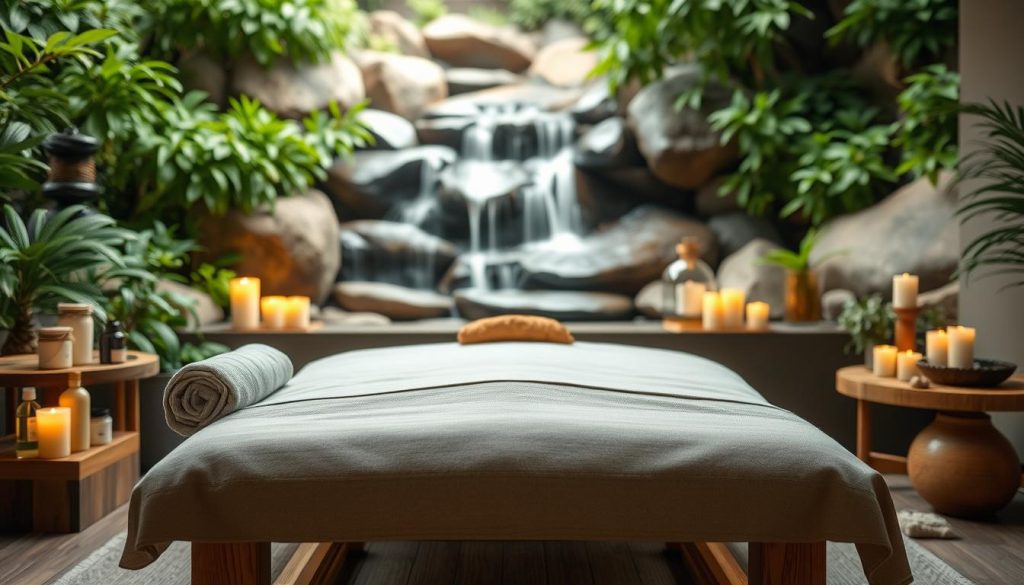 A serene spa-like setting with a wooden massage table in the center, surrounded by lush greenery and soft lighting. Plush towels, massage oils, and fragrant candles create a calming ambiance. In the background, a soothing waterfall cascades over smooth rocks, adding to the tranquil atmosphere. The camera angle is slightly elevated, capturing the scene from an inviting, professional perspective. The entire composition exudes a sense of harmony and wellness, perfectly encapsulating the "Masöz Olmak: Eğitim ve Sertifikasyon Süreci" section of the article. A serene spa-like setting with a wooden massage table in the center, surrounded by lush greenery and soft lighting. Plush towels, massage oils, and fragrant candles create a calming ambiance. In the background, a soothing waterfall cascades over smooth rocks, adding to the tranquil atmosphere. The camera angle is slightly elevated, capturing the scene from an inviting, professional perspective. The entire composition exudes a sense of harmony and wellness, perfectly encapsulating the "Masöz Olmak: Eğitim ve Sertifikasyon Süreci" section of the article.