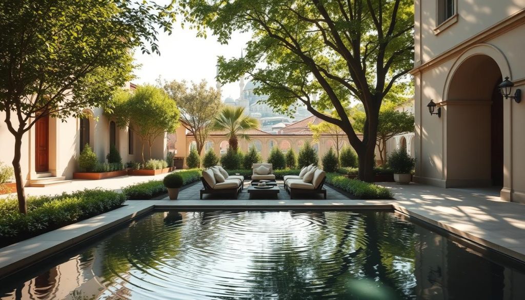 A serene, sun-dappled courtyard in the heart of Istanbul, surrounded by meticulously landscaped gardens and a charming, historic building. In the foreground, a tranquil reflection pool ripples gently, its surface mirroring the lush greenery and muted tones of the architecture. Soft, natural lighting filters through the canopy of trees, creating a warm, inviting ambiance. The middle ground features a cozy, intimate spa-like setting, with plush, oversized cushions and low tables inviting visitors to indulge in soothing massages and holistic treatments. The background showcases the iconic silhouette of Istanbul's historic skyline, with the majestic domes and minarets of its renowned landmarks visible in the distance, hinting at the city's rich cultural heritage.