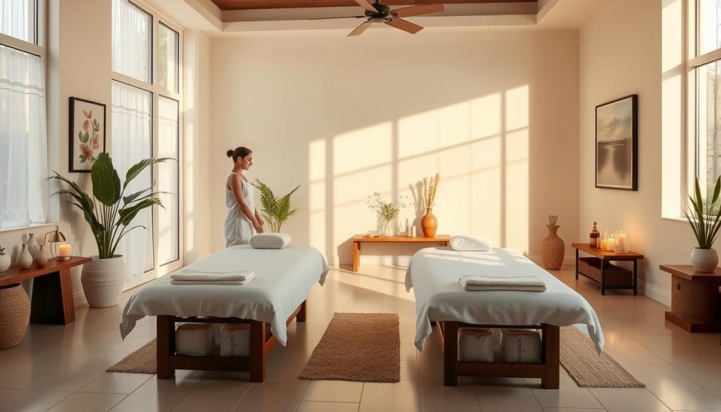 A serene, well-appointed massage parlor with natural lighting filtering through large windows. Plush massage tables are positioned in a calming, minimalist layout. The space exudes an atmosphere of relaxation, with soft textures, soothing colors, and the gentle scent of essential oils. Carefully selected artwork and plants add to the tranquil ambiance. The tiled floors and walls convey a sense of cleanliness and hygiene. A professional, certified massage therapist stands ready to provide a restorative experience, guiding the client to a state of deep relaxation and rejuvenation.