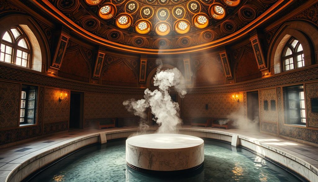 A traditional Turkish bathhouse (Türk hamamı) nestled within the historic streets of Istanbul, its ornate domed architecture bathed in warm, golden light. Intricate tile patterns adorn the walls, reflecting the intricate craftsmanship of the space. Plumes of steam rise from the central marble slab, creating an atmosphere of tranquility and relaxation. Soft, diffused lighting filters through the windows, casting gentle shadows and highlighting the ornate details. The scene exudes the timeless elegance and serenity of an authentic Turkish bathing experience, immersing the viewer in the rich cultural heritage of the city.